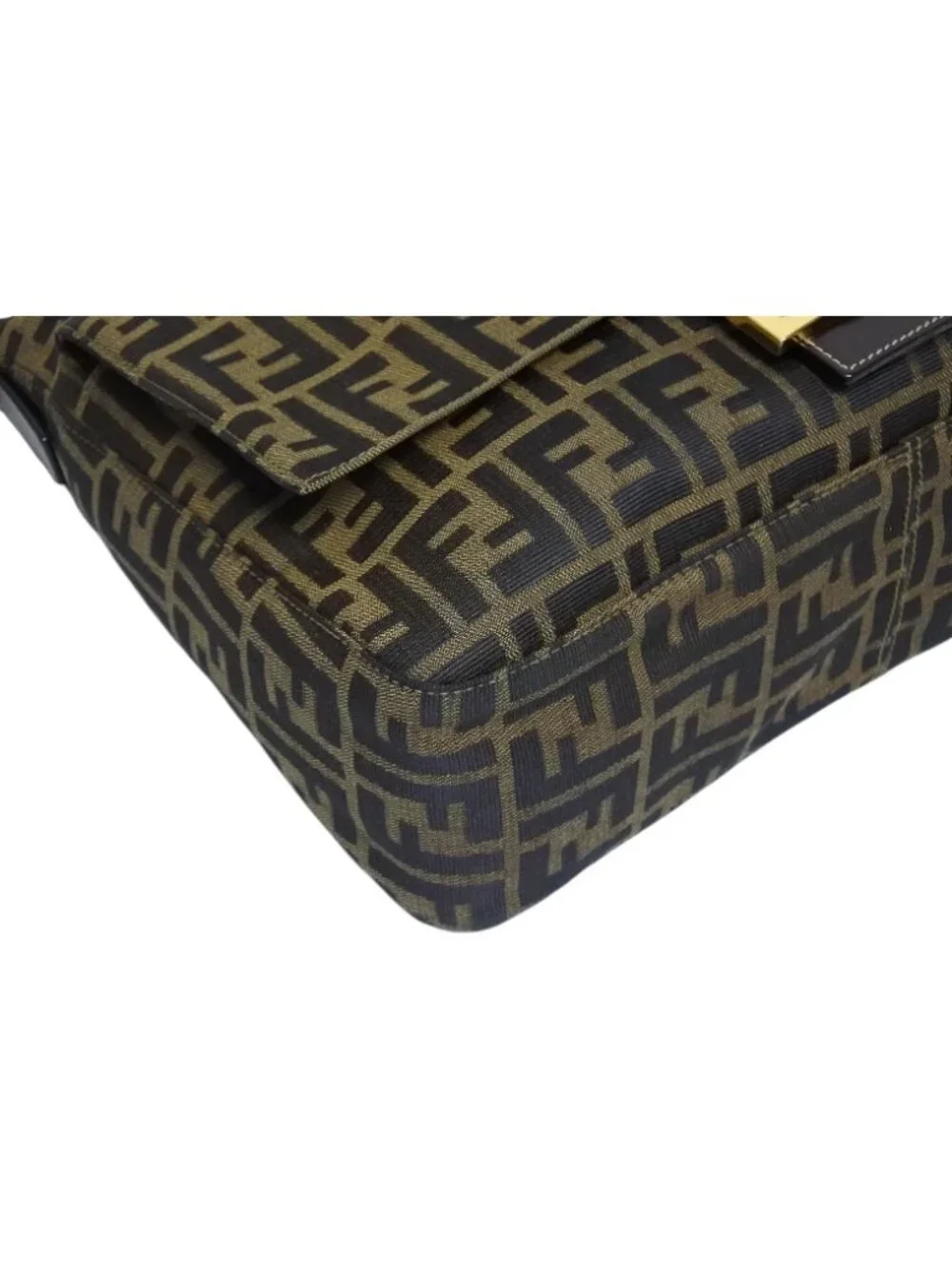 Fendi Mamma Baguette Handbag Zucca Pattern Brown Leather Canvas Gold